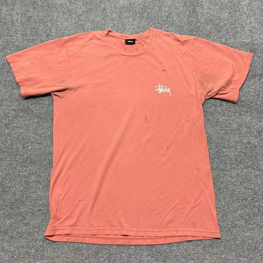 Stussy Shirt Mens Medium Pink Logo Back Graphic Tee Distressed Streetwear *Flaws